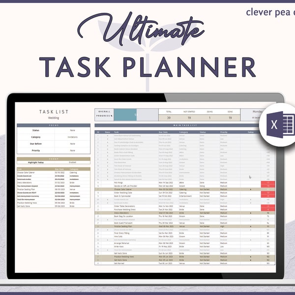 Task Planner Excel Template | Digital Planner | Digital Smart Task List