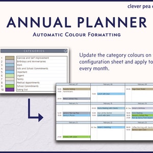 K&ouml;nnte beinhalten: Ein farbiges Diagramm mit dem Titel "Annual Planner" und dem Text "Automatic Colour Formatting". Das Diagramm zeigt eine Liste von Kategorien mit entsprechenden Farben und einen Beispielkalender mit Ereignissen f&uuml;r Februar.