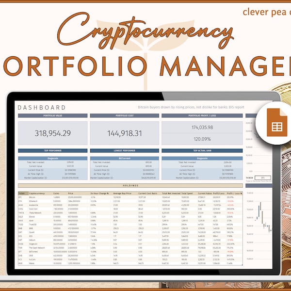 Modèle Google Sheets de crypto-monnaie | Suivi des investissements de portefeuille | Feuilles Google | Modèle de feuille de calcul | Commerce de crypto | Bitcoin