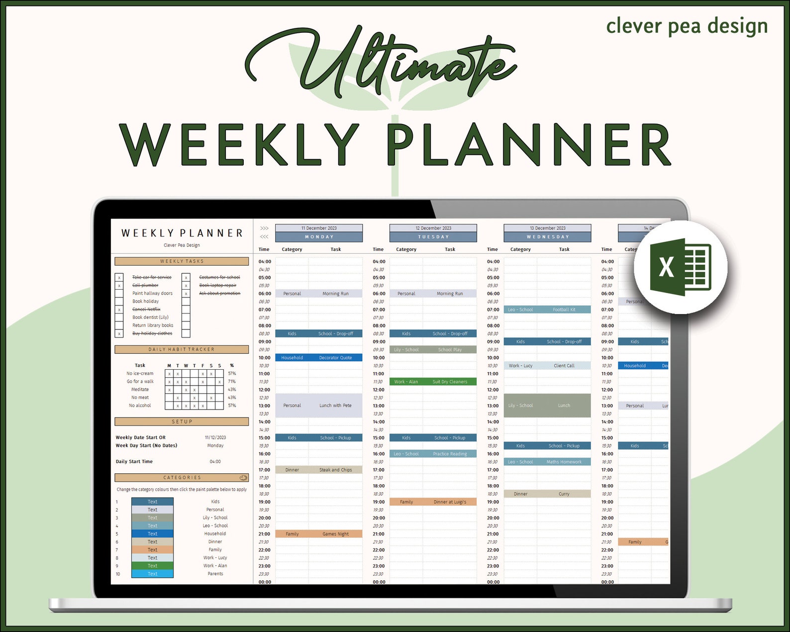 Weekly Planner Excel Template Daily Task Schedule to Do List Excel