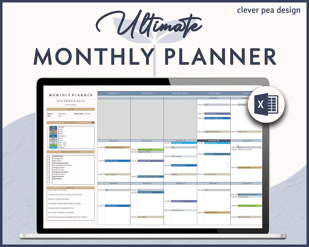 Monthly Planner Excel Template Task Schedule to Do List Excel Monthly