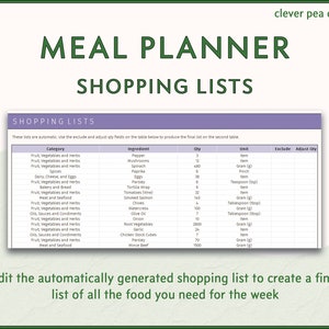 Weekly Meal Planner Excel Spreadsheet | Recipes and Automatic Shopping ...