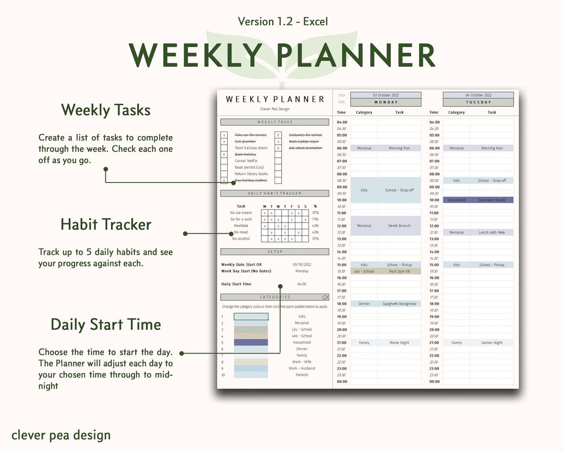 Weekly Planner Excel Template Daily Task Schedule to Do - Etsy