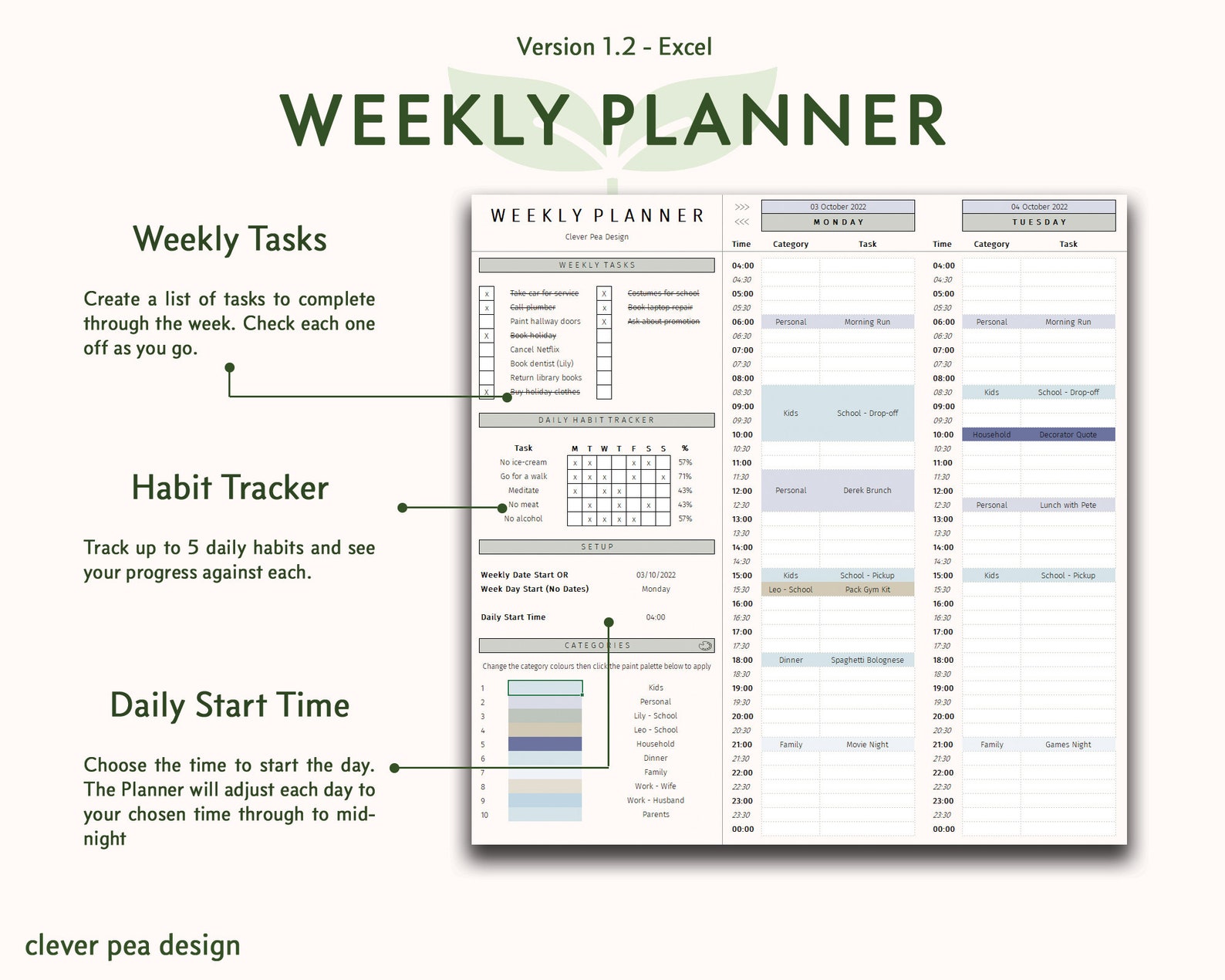 Weekly Planner Excel Template Daily Task Schedule to Do - Etsy