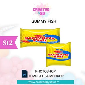Swedish Fish template and mockup | Fruit Snacks Wrapper Template | PSD editable template | Party Favor Candy Wrapper for kids parties