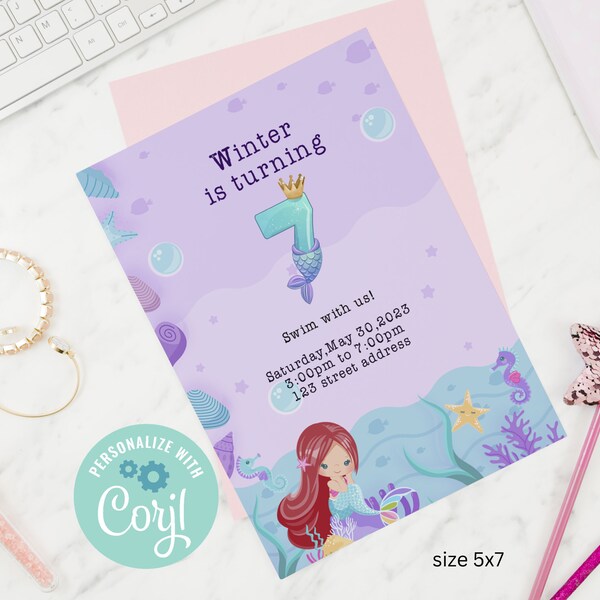 7th under the sea mermaid beach theme for girl birthday birthday party personalized invitation birthday editable party princess invitation