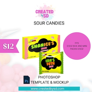 Sour Candies template and mockup | Mini Sour Candy Bag Template | PSD Mockup Party Favors | Sour Candy Box Favor
