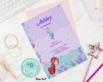 Editable mermaid 1st birthday Personalized mermaid birthday invitation Printable mermaid party invite template Underwater mermaid invite