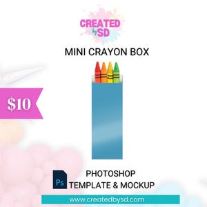 Mini Crayon Box Vorlage und Mockup für Geburtstagsparty Geschenktasche PSD Gastgeschenke | Malbuch und Buntstift Gastgeschenke