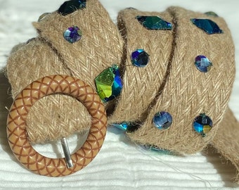 Unique Belt, Holographic Iridescent Stone Belt, Round Buckle Belt, Boho Style, Rhinestone Belts, Party Belts, Natural raffia Belt