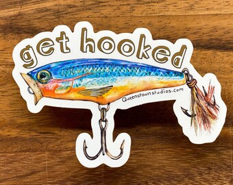 Fishing lure vinyl sticker, top water popper, from hand painted original art, decal for tackle box, laptop, phone