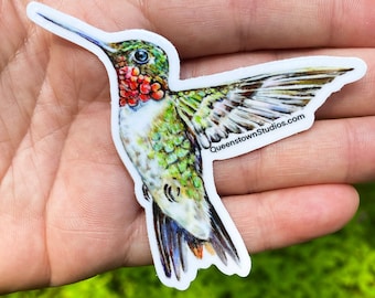 Pegatina de colibrí garganta rubí, calcomanía de pájaro en acuarela