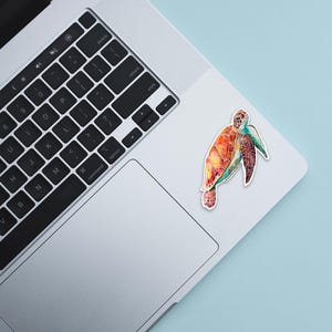 May include: A colorful sea turtle sticker on a silver laptop. The turtle is painted in shades of orange, green, and blue.