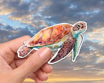 Etiqueta engomada de la tortuga marina del océano del arte de la acuarela pintada a mano, vinilo impermeable duradero
