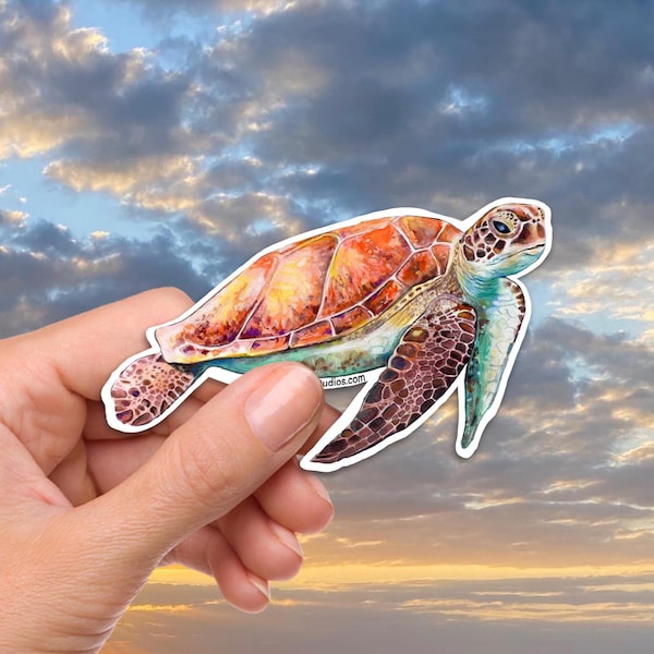 Ocean Sea Turtle Sticker from hand-painted watercolor art, durable waterproof vinyl