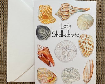 Tarjeta de felicitación de celebración de conchas, conchas ilustradas, felicitaciones costeras, tarjeta de graduación