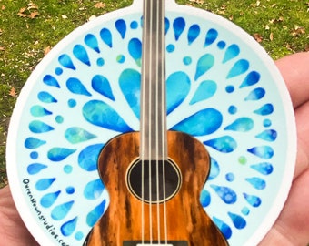 Pegatina de ukelele con gotas de lluvia de acuarela, regalo para amantes de la música