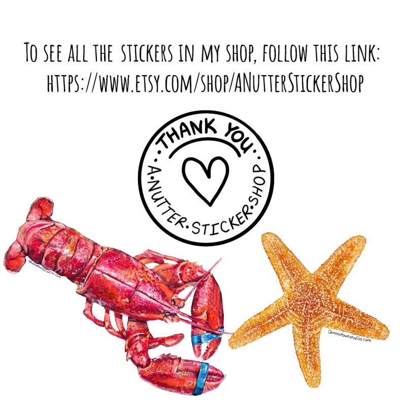 May include: Watercolor illustration featuring a vibrant red lobster with blue bands and a golden starfish. A circular graphic reads "Thank You" with a heart. Text at the top directs viewers to an Etsy shop.