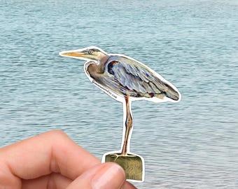 May include: A sticker featuring a detailed illustration of a Great Blue Heron. The bird is depicted in shades of gray, blue, and brown, with a long beak and legs. The sticker is held against a backdrop of water.
