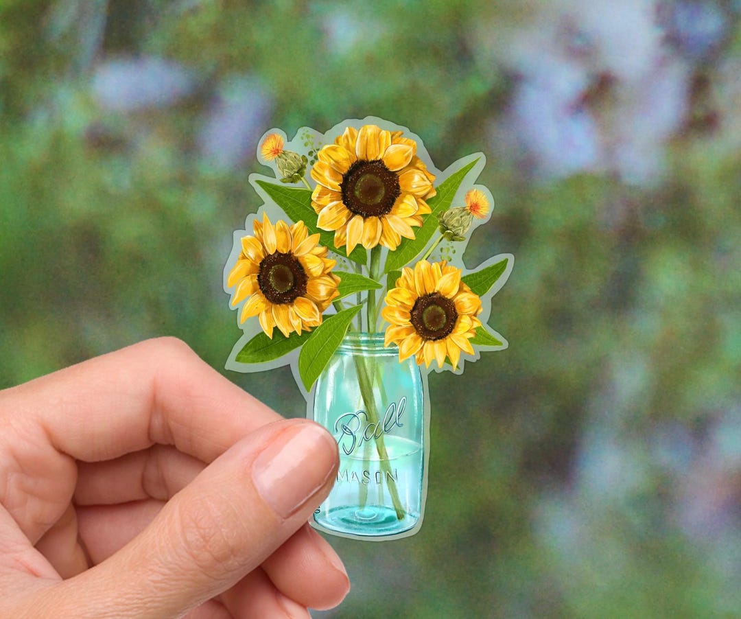 Sunflower Bouquet Vinyl Sticker, Aqua Mason Jar, Floral Illustration - Etsy
