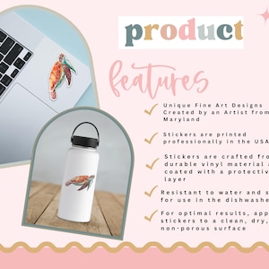 May include: Water bottle sticker featuring a watercolor illustration of a sea turtle. The sticker is printed on durable vinyl and is resistant to water and dishwasher use. The sticker is shown on a white water bottle.