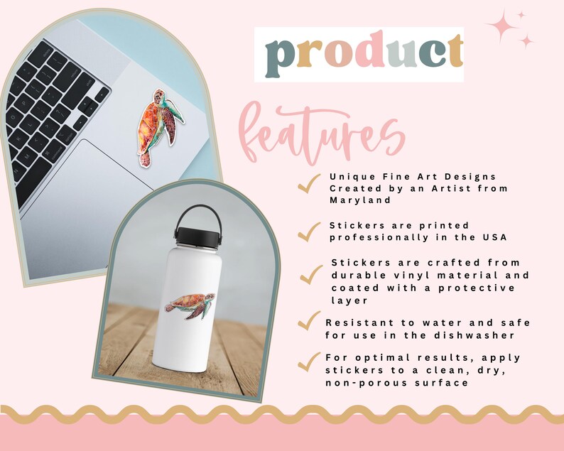May include: Water bottle sticker featuring a watercolor illustration of a sea turtle. The sticker is printed on durable vinyl and is resistant to water and dishwasher use. The sticker is shown on a white water bottle.