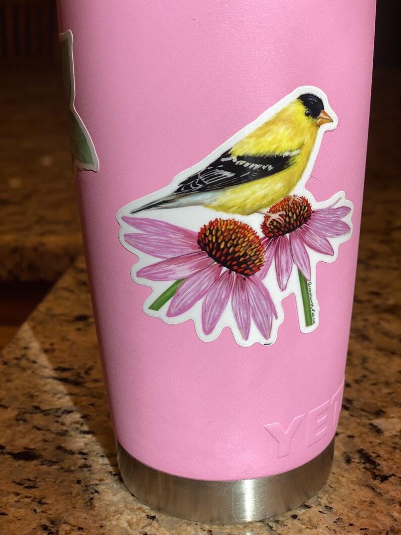 Puede incluir: Un vaso Yeti rosa con una pegatina de un p&aacute;jaro amarillo posado en una flor morada.