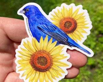 Indigo Bunting and Sunflower Vinyl Sticker, Bird Decal