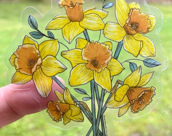 Pegatina de ramo de narcisos, vinilo transparente, etiqueta floral de primavera