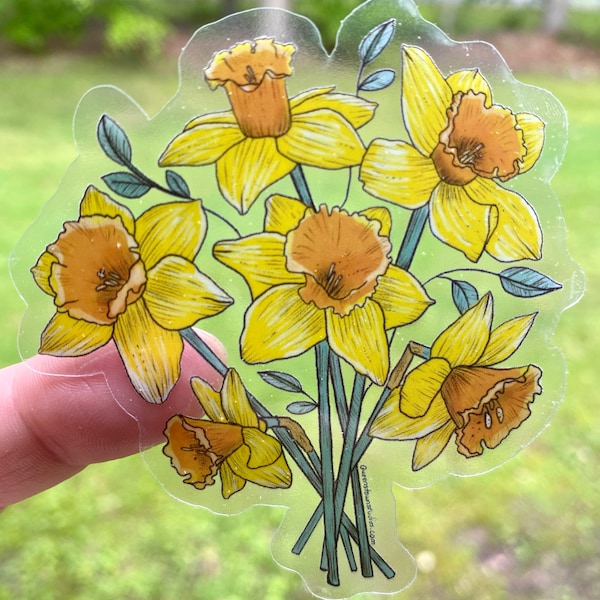 Yellow Daffodil Sticker, floral sticker, clear decal, notebook label, Spring sticker, cheerful label