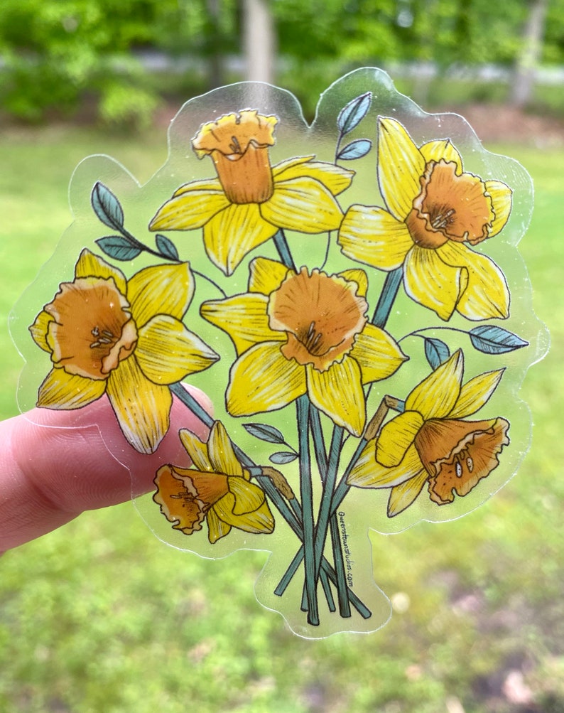 Daffodil Bouquet Sticker, Clear Vinyl Decal, Floral Spring Label image 1