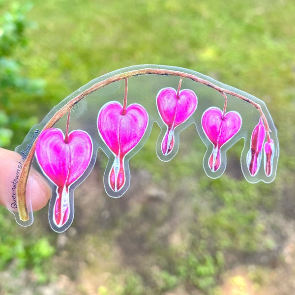 Bleeding Heart Floral Sticker, clear sticker, vinyl sticker, botanical, romantic sticker, floral decal, pink, florals, dicentra