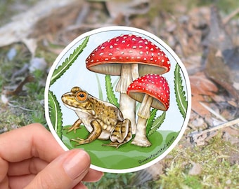 Toad and Mushroom Vinyl Sticker, a whimsical hand drawn illustration, durable and waterproof