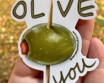 Olive You Sticker, Hand-Painted Art, Glossy Vinyl