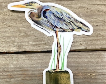 Great blue heron, vinyl sticker, birding, shore birds, waterproof, laptop, water bottle, phone, coastal art, bird painting