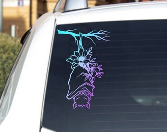 Floral Bat Vinyl Decal | Holographic Bumper Sticker | Laptop Decal | Halloween Cute Design | Goth Car Accessories | Spooky Season