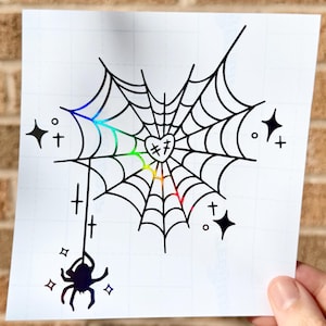 Spooky Cute Spiderweb Heart Decal | Gothic Halloween Car Sticker | Holographic Vinyl Window Decal