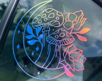 Crescent Moon Mushroom Decal | Holographic Decal | Bumper Sticker | Car Acessories | Lunar | Celestial | Cottagecore | Mystic Mushroom