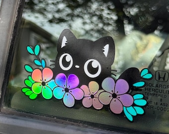 Sakura Cat Peeper Holographic Vinyl Car Window Decal | Kawaii Black Kitty | Cherry Blossom Sticker | Cute Car Accessories | Laptop Decor