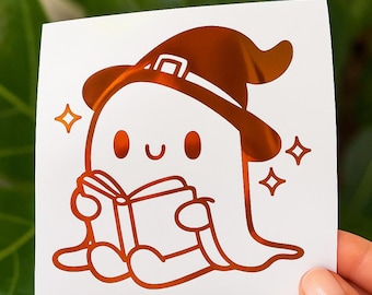 Cute Ghost Reading Vinyl Car Decal – Halloween Book Sticker