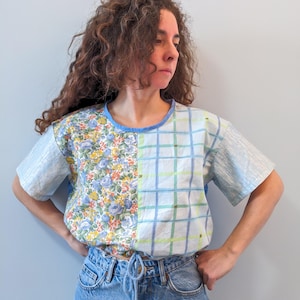 Handmade Upcycled tshirt, boxy fit top, drawstring patchwork blouse, short sleeve top, vintage one of a kind clothing, recycled floral top