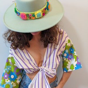 Upcycled front TIE TOP made with vintage REPURPOSED fabric patchwork design overlay top crop top handmade upcycled