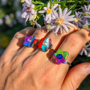 Adjustable handmade ring, stainless steel ring, polymer clay jewelry, free size ring, dopamine fashion, flower ring, colorful ring