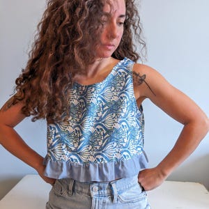 Handmade upcycled ruffle top, relaxed fit crop top, colorful women fashion,one of a kind clothing, upcycled clothing, eco friendly fashion