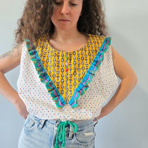 Handmade sleeveless ruffle top, upcycled one of a kind top, boxy fit drawstring blouse, sustainable fashion, patchwork dopamine wear