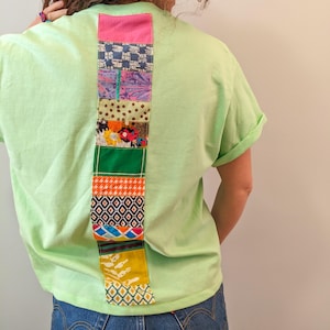 Handmade decorated Tshirt, one of a kind upcycled patchwork top, quilt style reworked top, boxy loose T-shirt, recycled vintage clothing