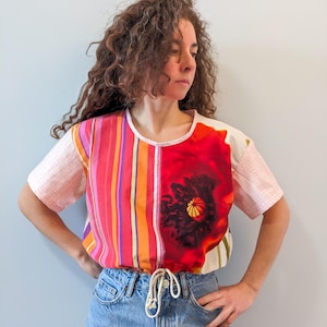 Handmade Upcycled tshirt, boxy fit top, drawstring patchwork blouse, short sleeve top, artsy one of a kind clothing, recycled floral top