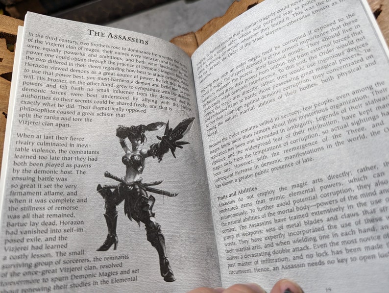 Op de afbeelding: Een zwart-witte illustratie van een vrouwelijke krijger met een zwaard en een dolk. De krijger draagt een leren outfit en heeft lang, donker haar. De tekst "The Assassins" staat bovenaan de pagina.