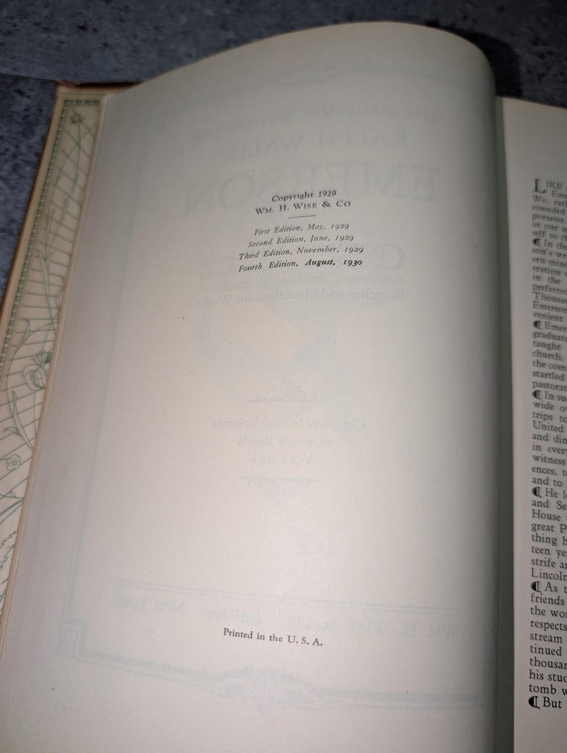 May include: Open book with text: "Copyright 1929 WM. H. Wise & Co." and edition dates from May 1929 to August 1930. The text "Printed in the U.S.A." is also visible. The book's pages are off-white.