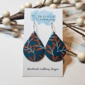 Teardrop Polymer Clay Earrings, Fall Autumn Minimalist Earrings,  Dark Turquoise and orange floral, Statement, Lightweight Earrings